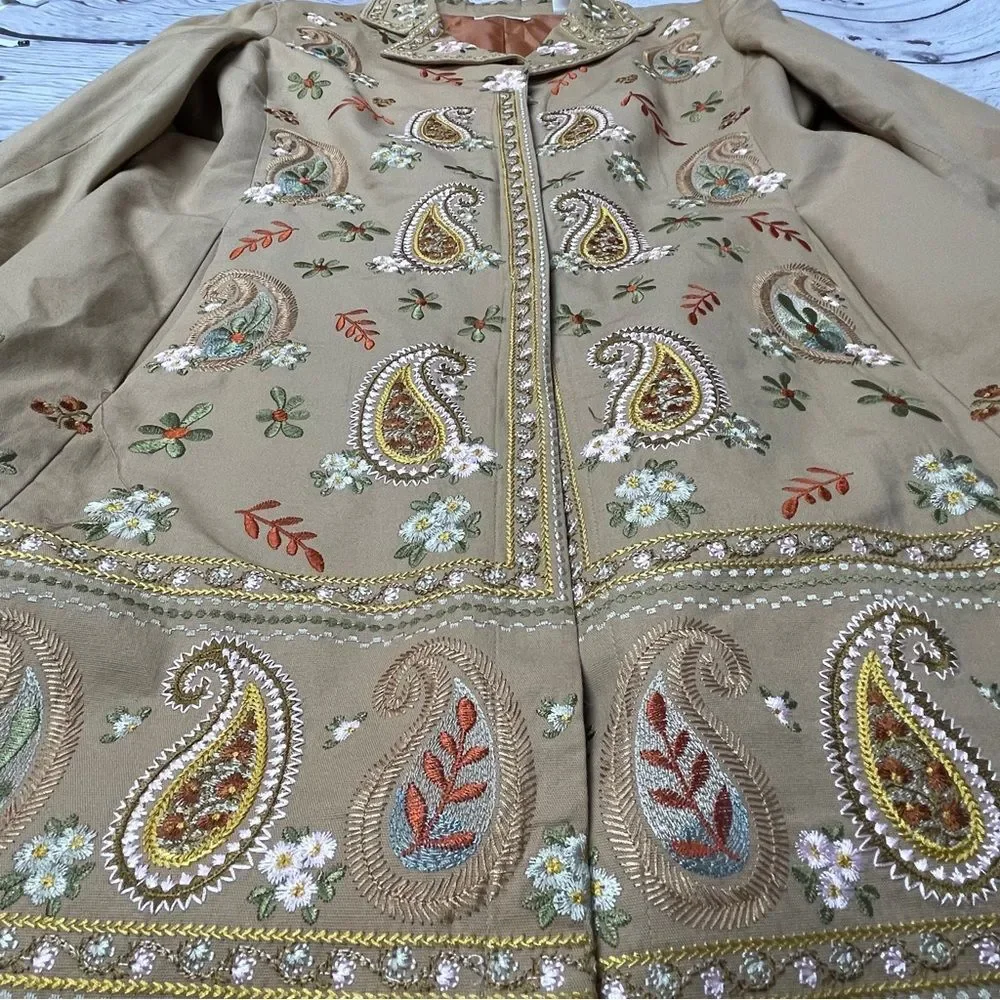 COLDWATER CREEK boho paisley floral embroidered tan coat jacket, size 14 - Picture 6 of 16